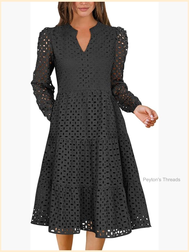 Long Sleeve V Neck Midi Dress Hollow Out Eyelet Tiered Casual Beach Vacation